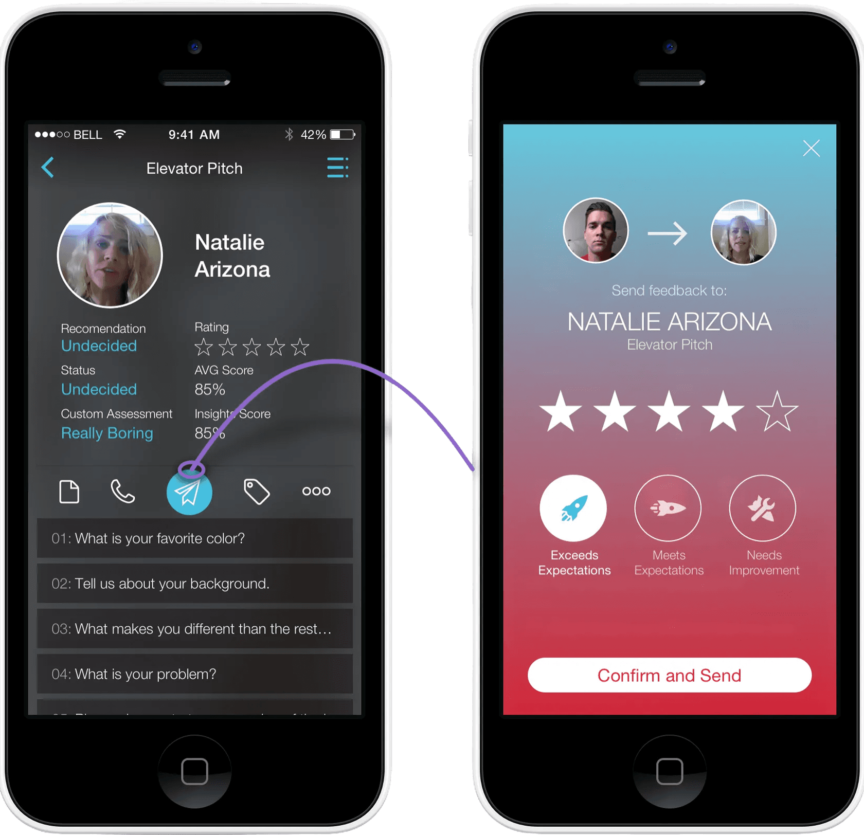 Mobile feedback flow with star rating and a confirm and send screen