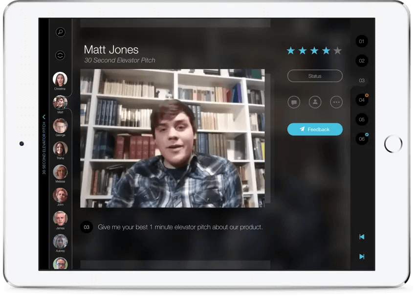 Reviewer rating a 30 second elevator pitch video and sending feedback on iPad