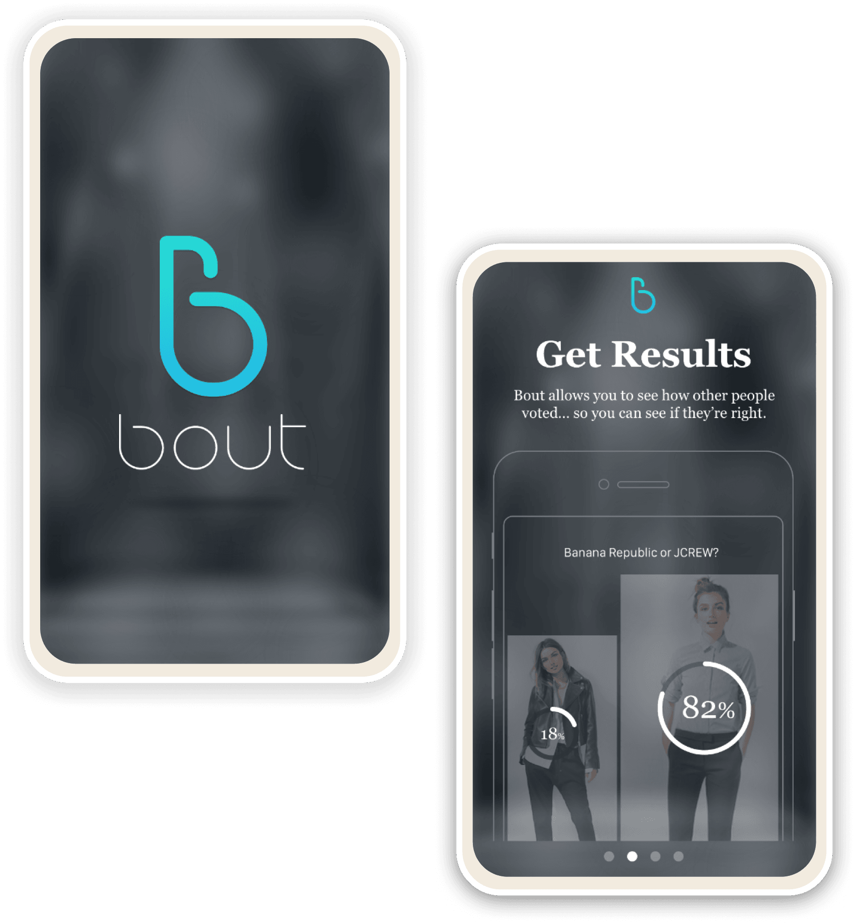 Bout voting and shopping app hero showing the splash screen logo and Get Results screen on two phone mockups