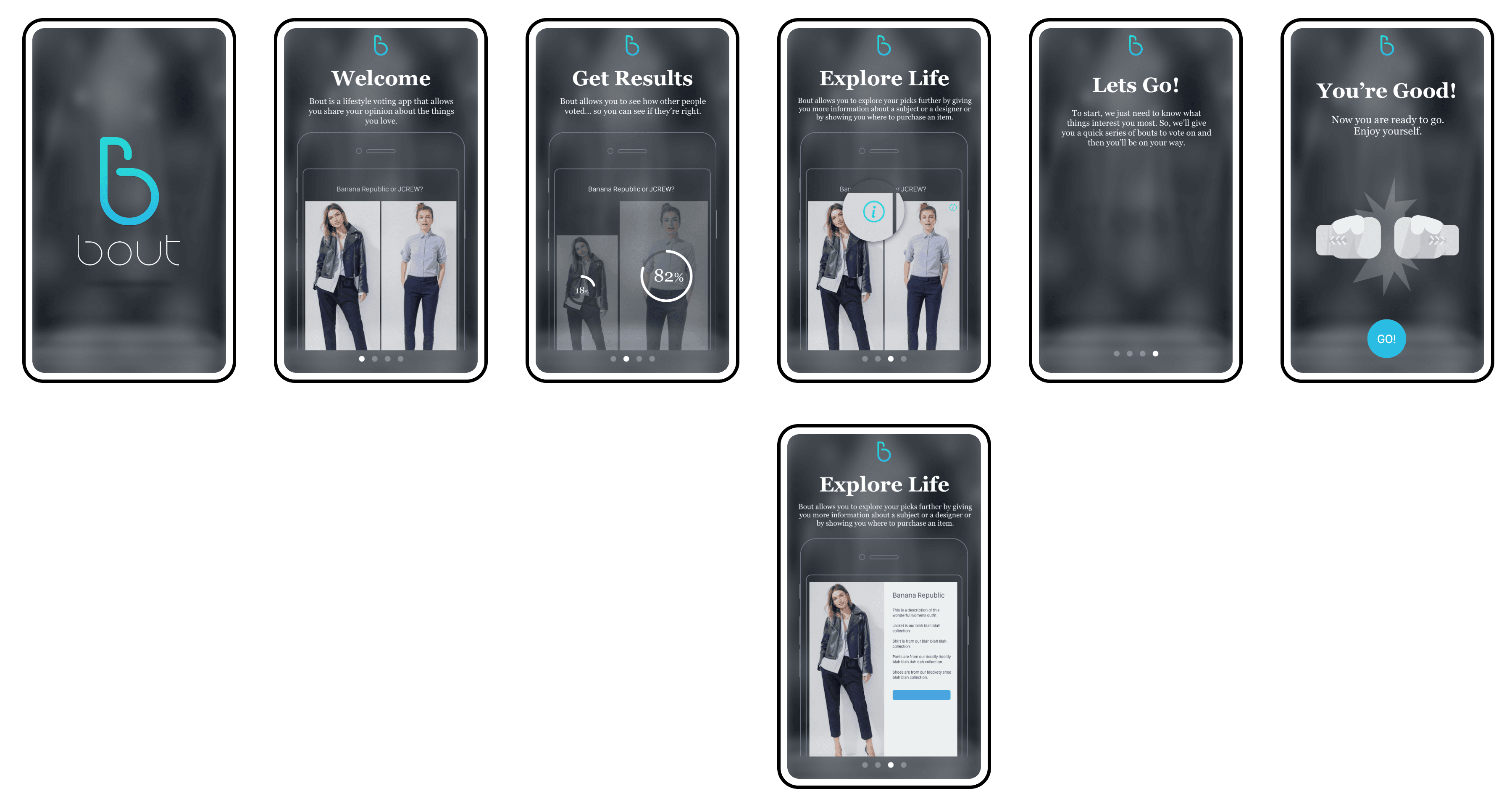 Dark option exploration of the Bout onboarding screens, including Welcome, Get Results, Explore Life, and Lets Go