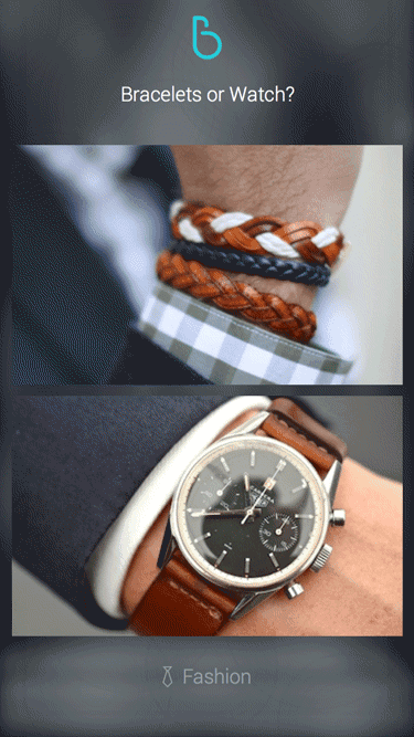 Animated results reveal for a Bracelets or Watch fashion matchup in Bout