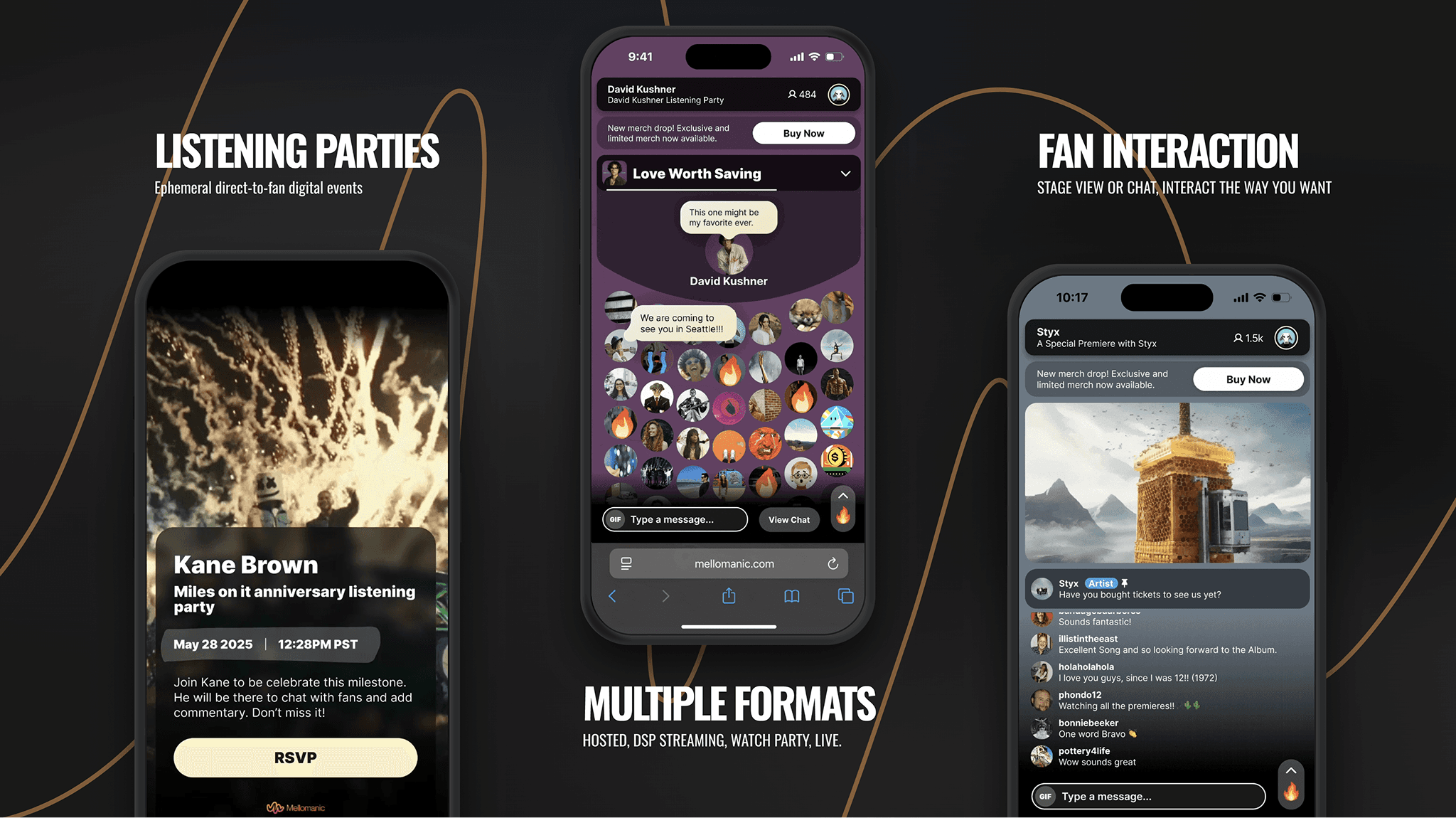 Mellomanic event platform hero with live listening party branding