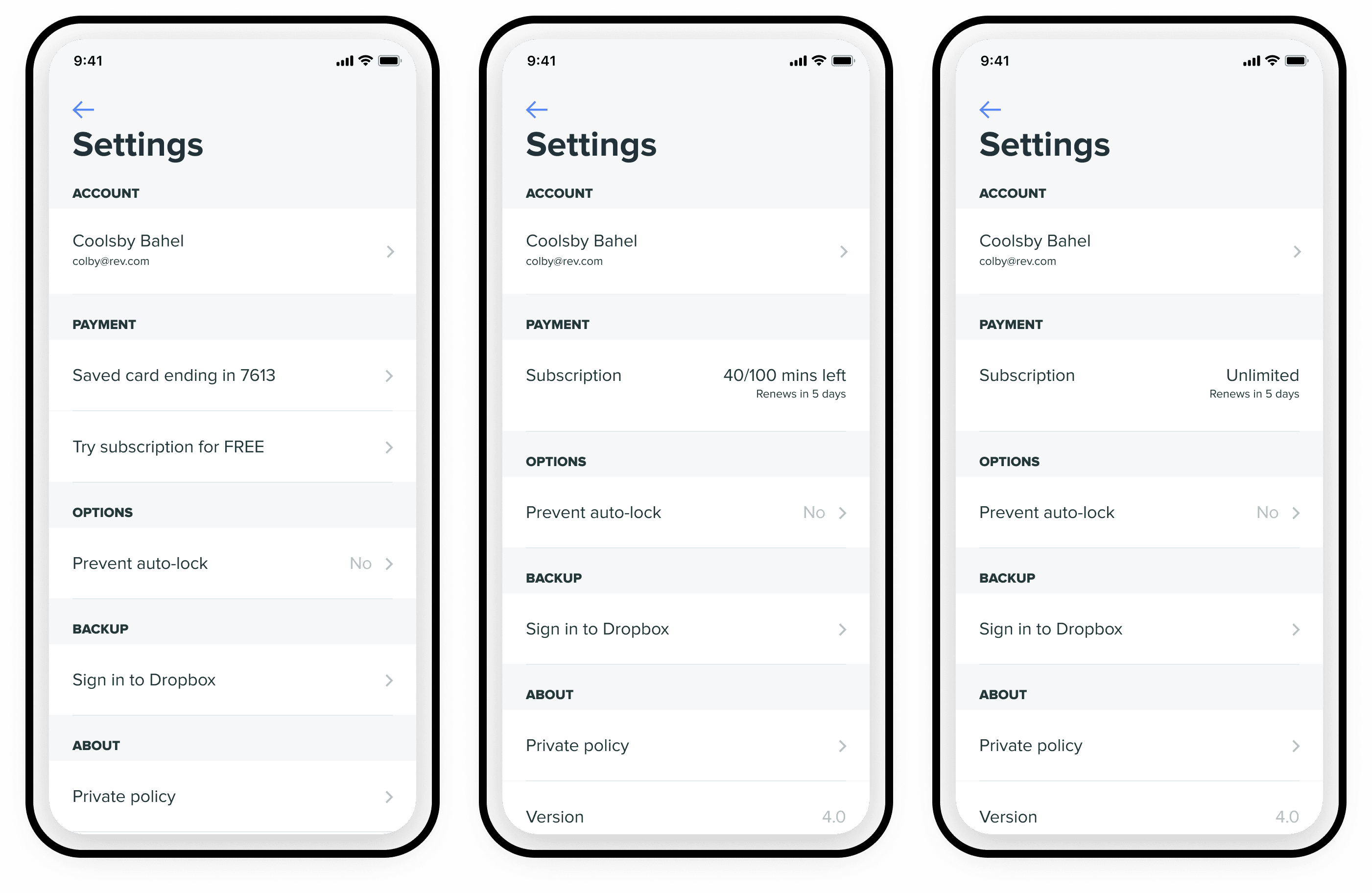 Temi settings screens covering account, payment, subscription minutes, auto-lock, and Dropbox backup options