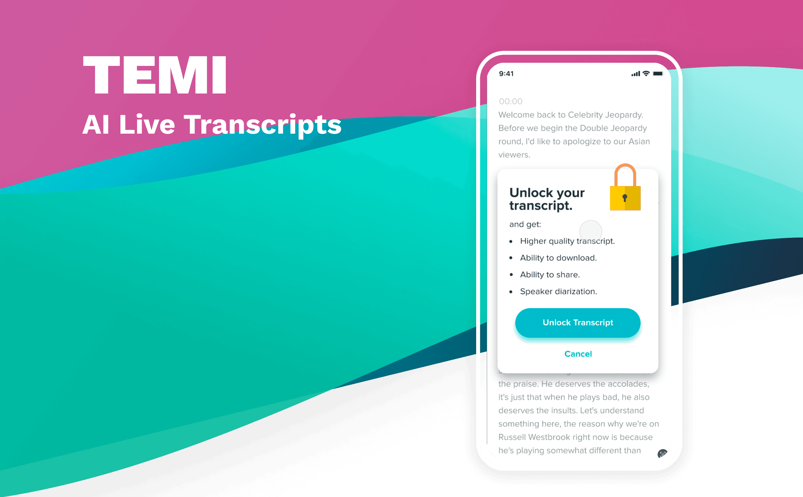 Temi AI Live Transcripts hero showing a phone with an unlock transcript prompt over a live transcript