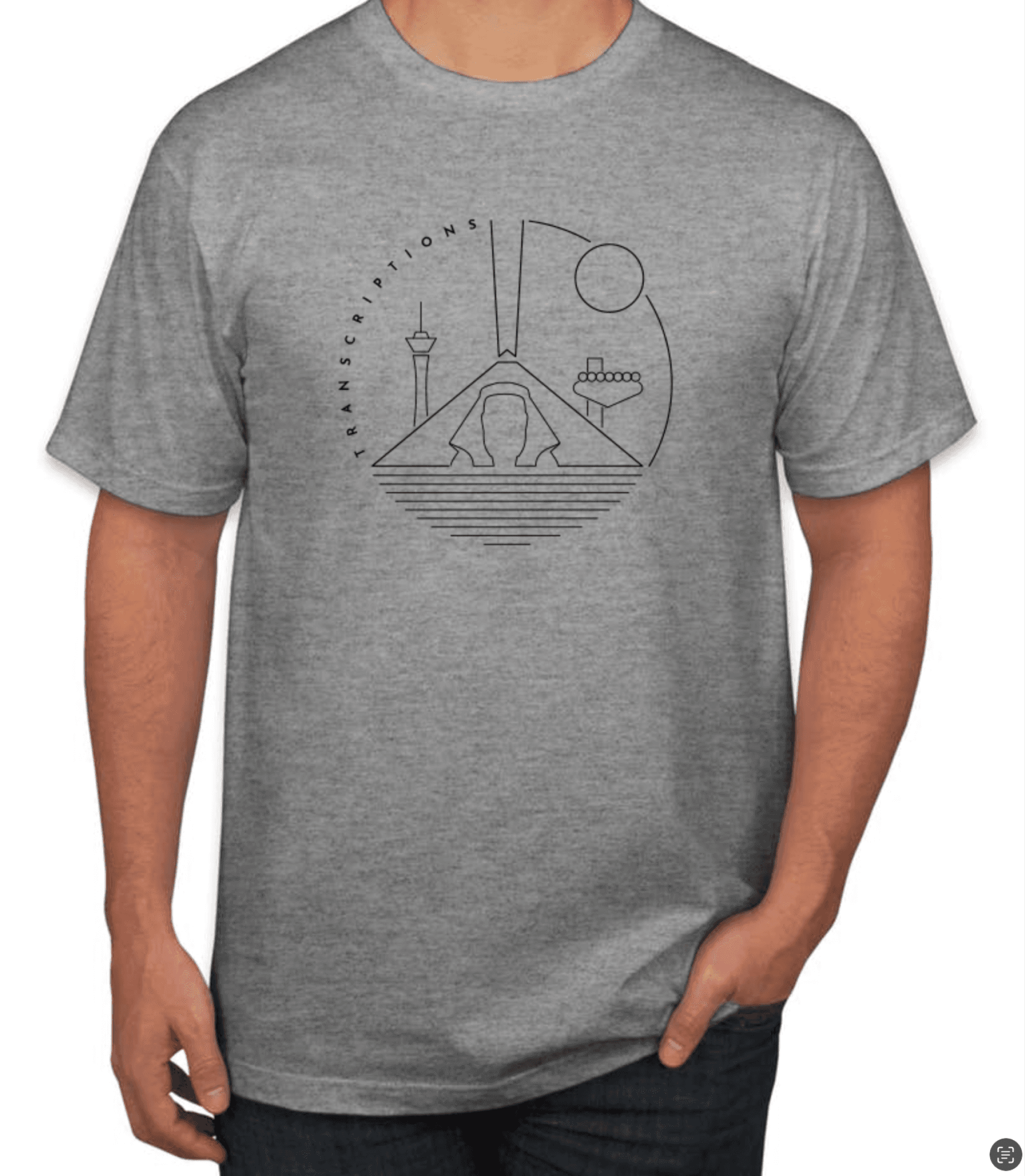 Gray Rev Transcriptions t-shirt with a line-art illustration of landmarks and a sphinx