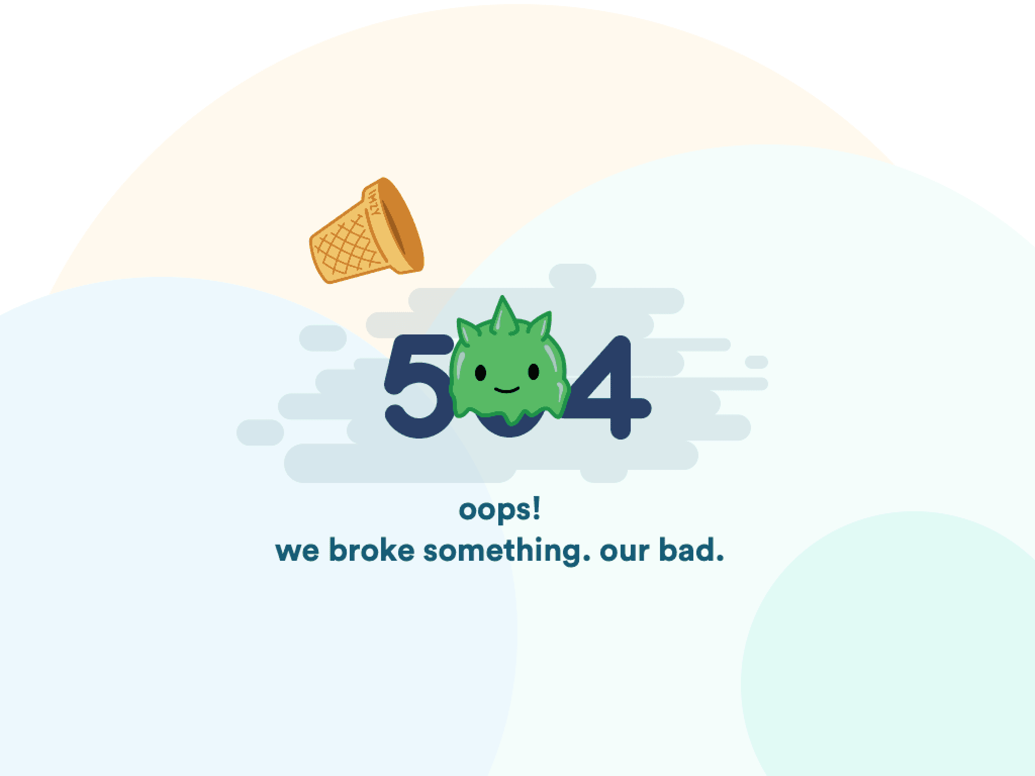 Imzy 504 error page with the mascot melting like ice cream and the line oops, we broke something