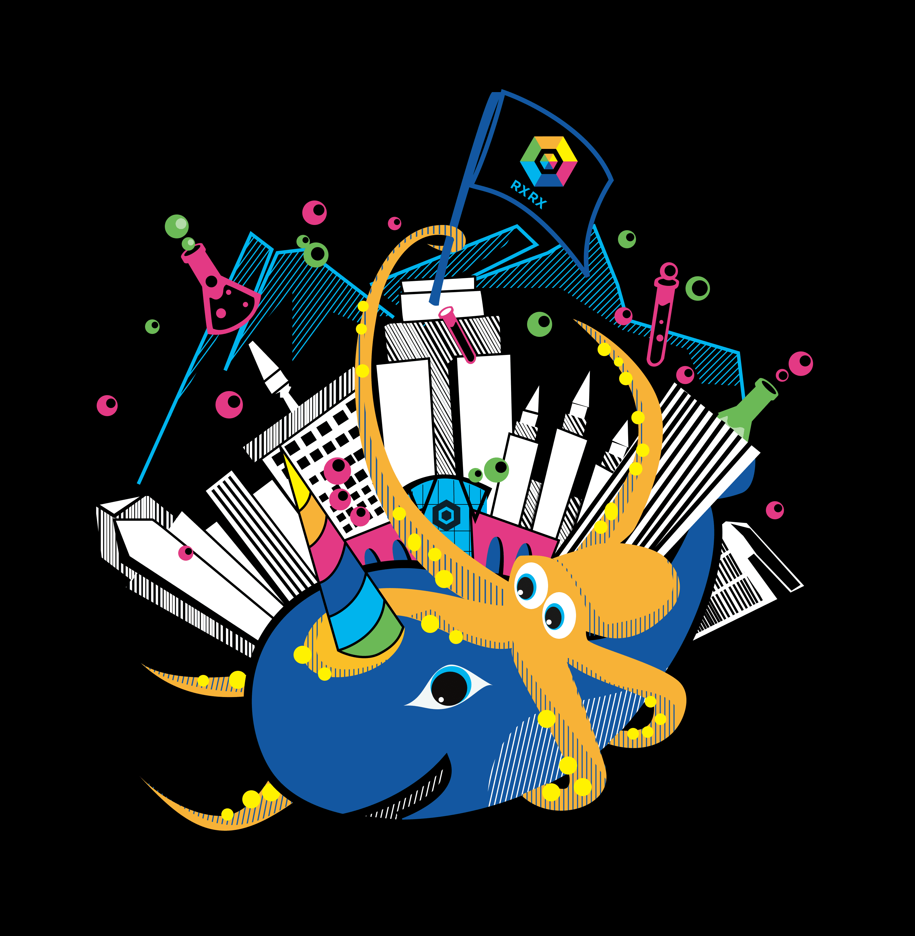 Recursion IPO announcement illustration with an octopus, unicorn, and lab-themed cityscape flying an RXRX flag