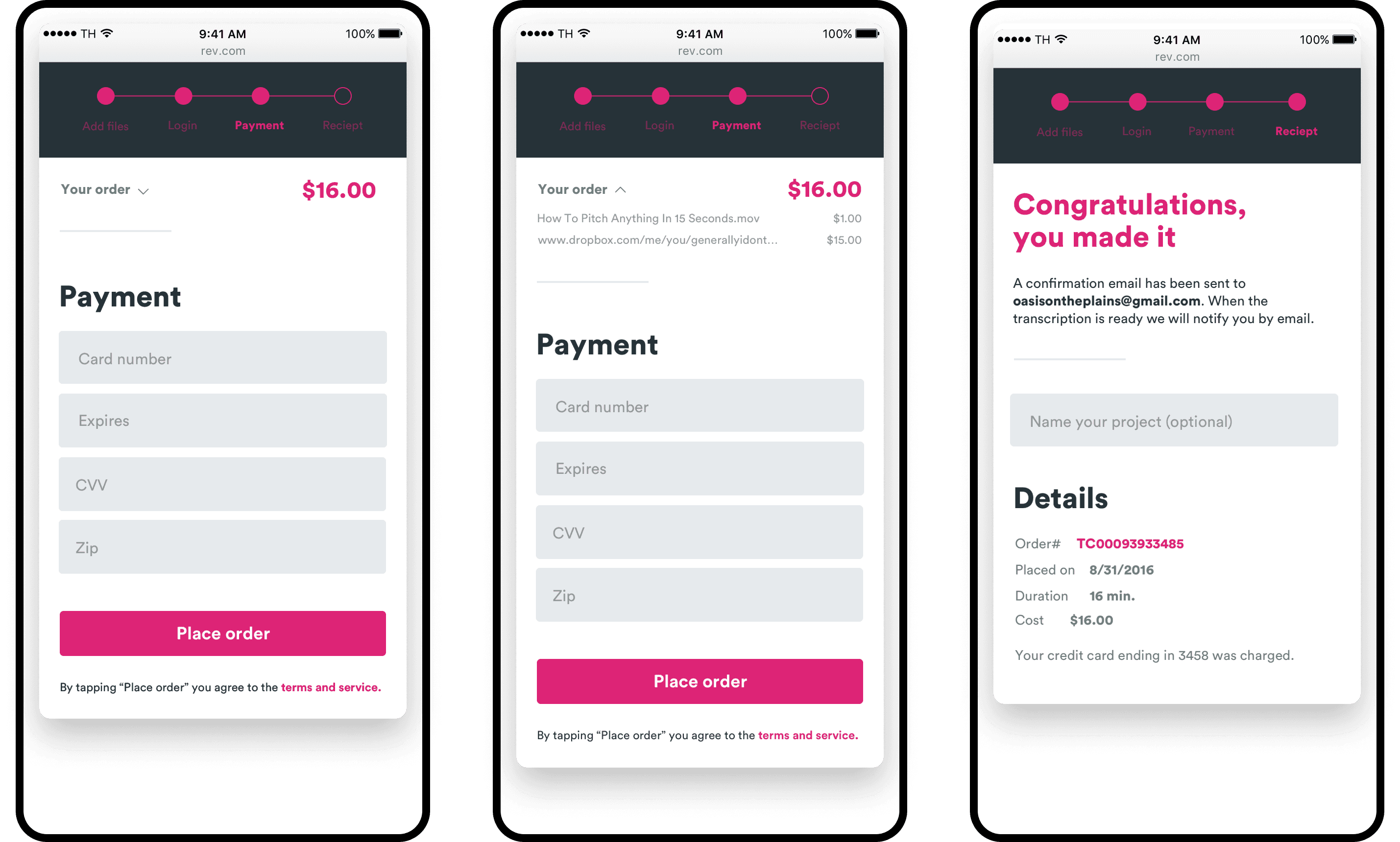 Rev mobile payment screens and order confirmation with order details