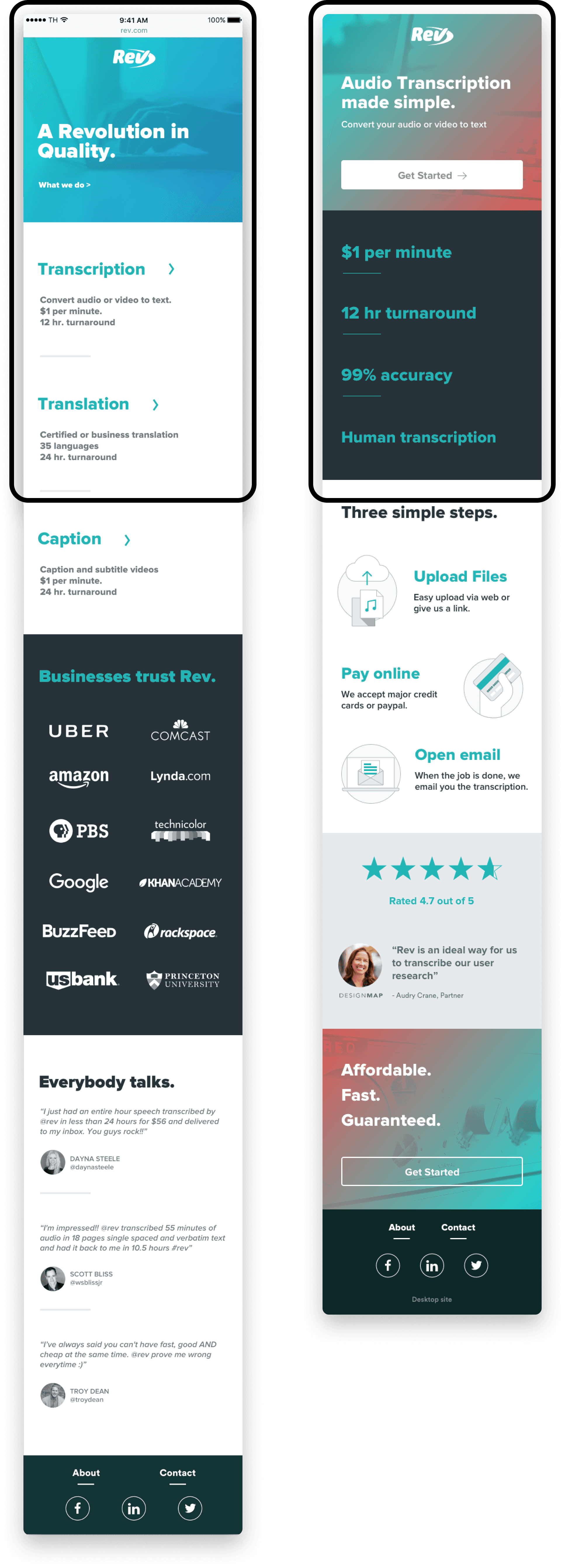 Rev mobile web landing pages for transcription with pricing, steps, and customer logos