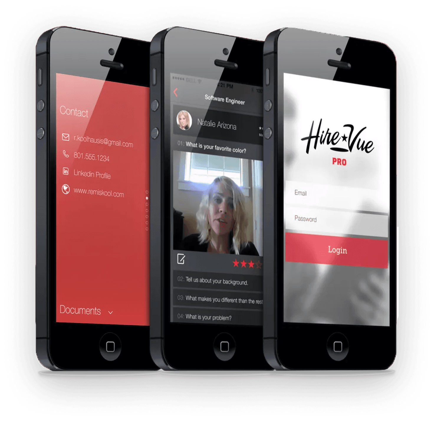 Three iPhones showing the HireVue Pro login, a candidate video, and a contact panel