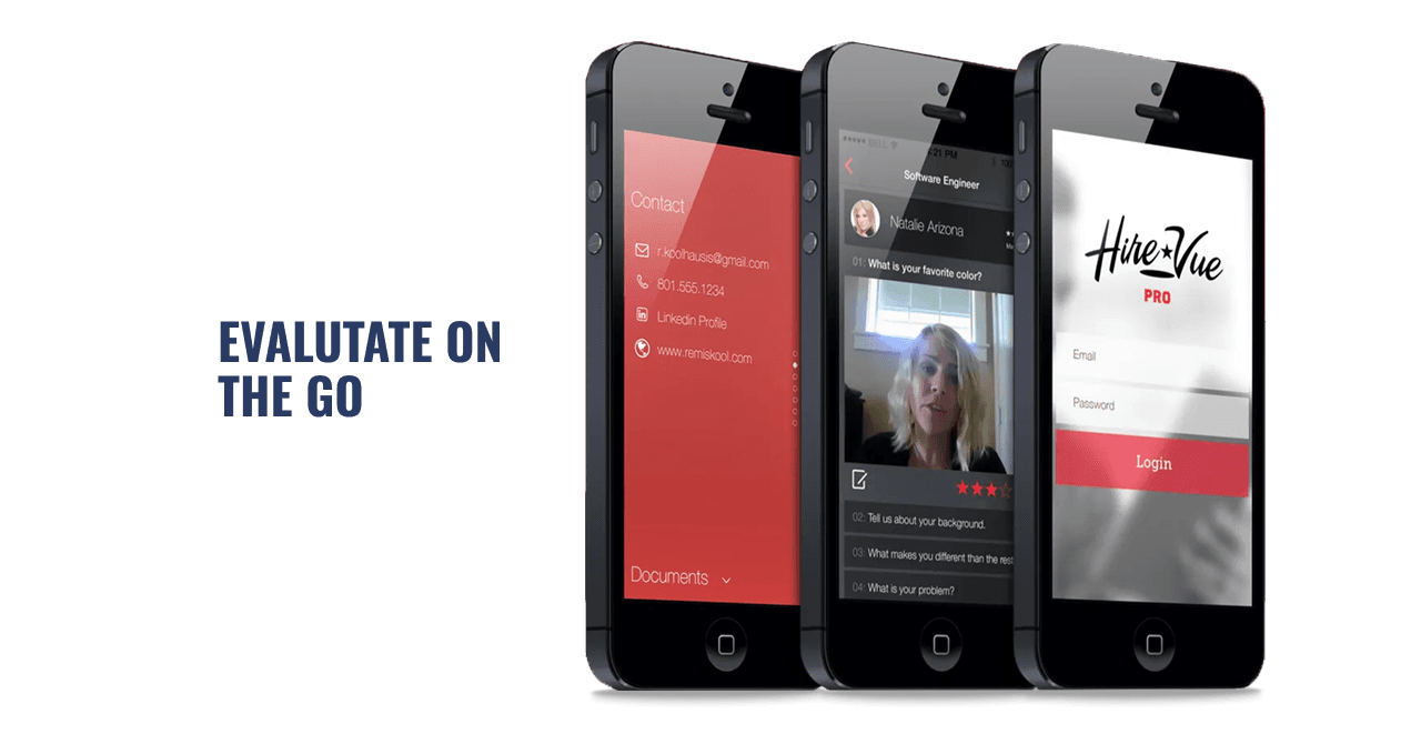 Evaluate on the go promo with three iPhones showing the HireVue Pro login, a candidate video, and a contact panel
