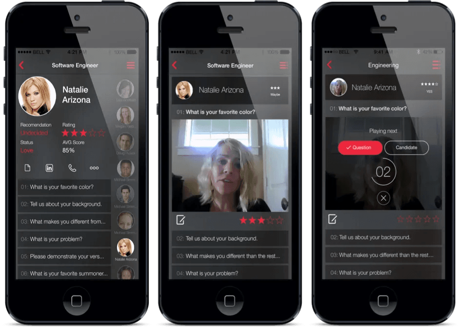 Three iPhone evaluation screens showing a candidate profile, video response playback, and a timed recording interface