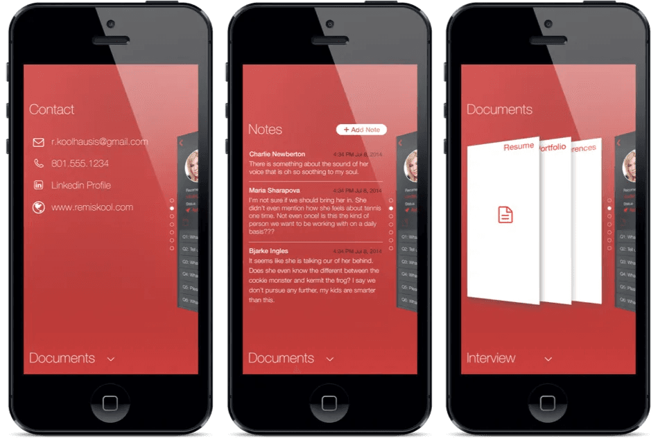 Three iPhone screens of candidate information panels: contact details, evaluator notes, and resume, portfolio, and references documents