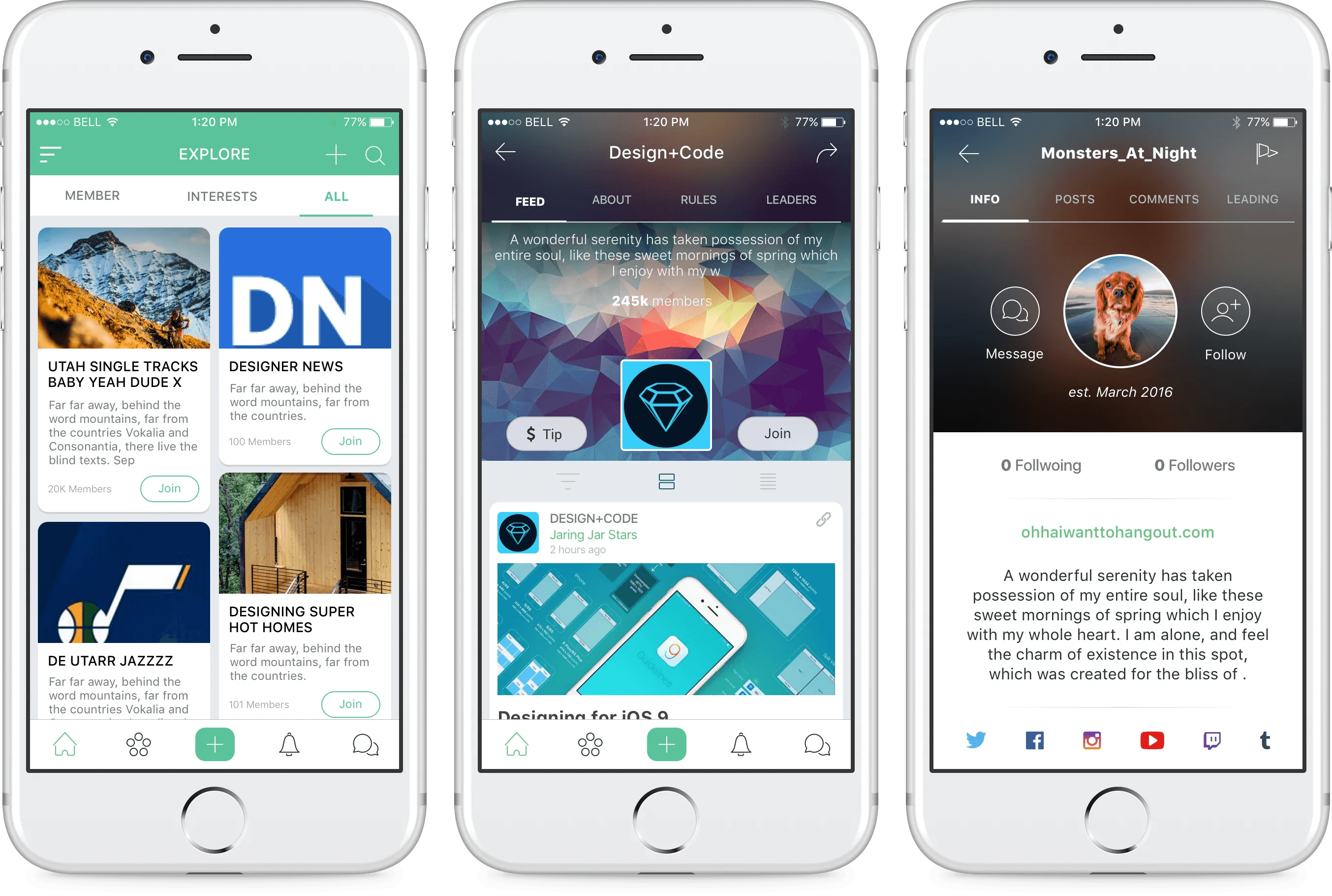 Imzy explore screens for discovering user created communities and profiles