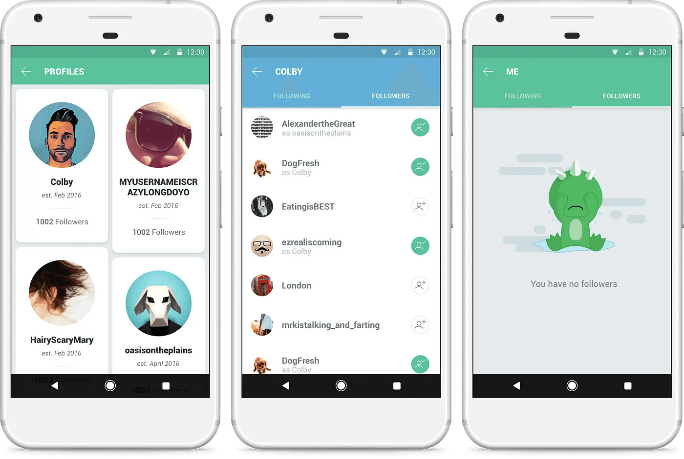 Imzy follow feature screens with a dedicated feed of posts from people you follow