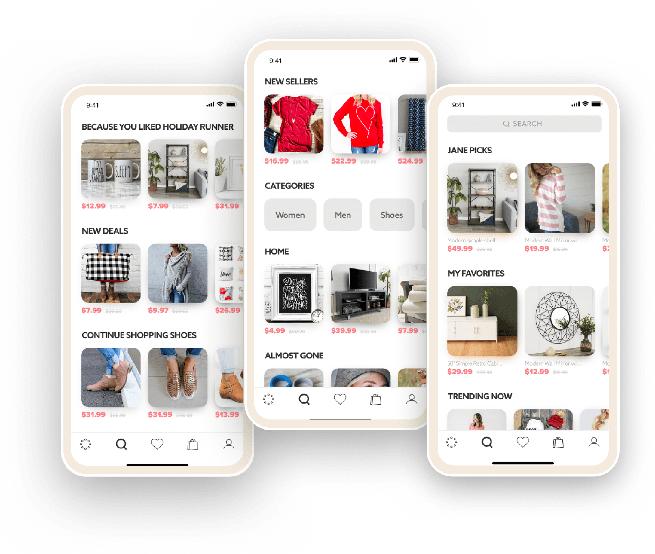 Jane.com mobile app Discovery hero showing three phone screens of personalized shopping feeds