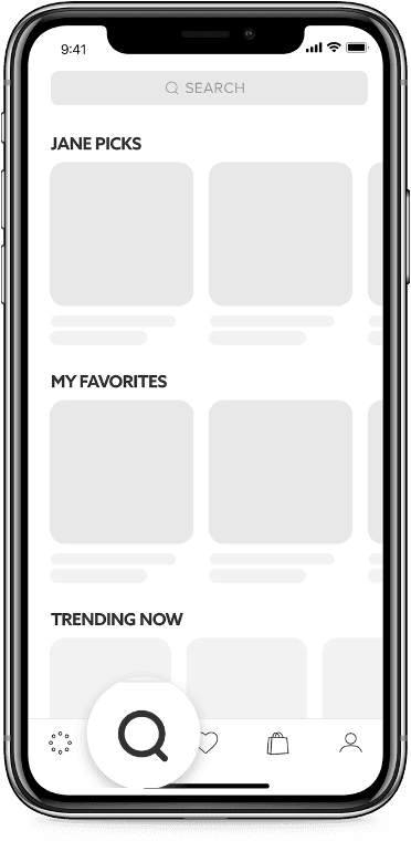 Explore tab wireframe with search bar and Jane Picks, My Favorites, and Trending Now rows