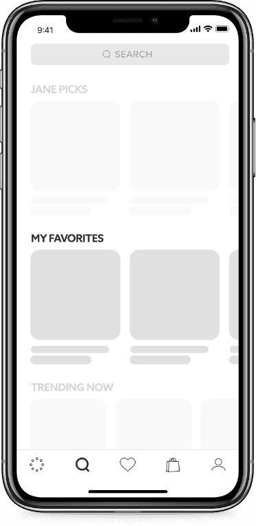 Explore feed wireframe highlighting the My Favorites wishlist row
