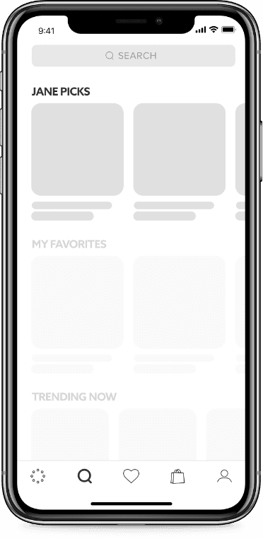 Explore feed wireframe highlighting the Jane Picks curated row