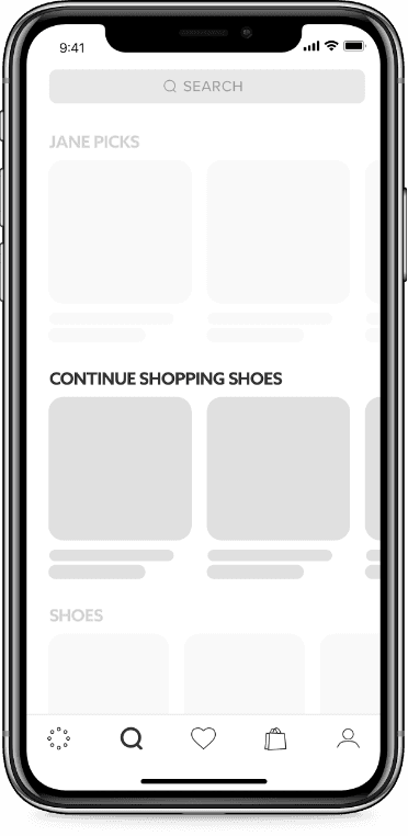 Explore feed wireframe highlighting the Continue Shopping Shoes row
