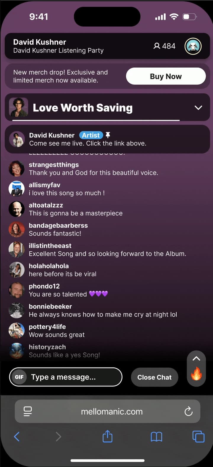 David Kushner hosted listening party with live fan chat
