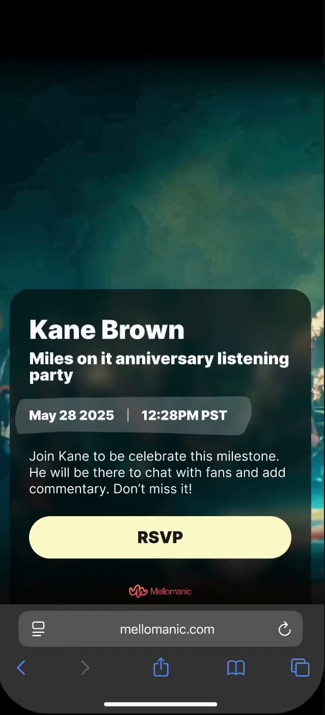 Kane Brown anniversary listening party RSVP page on mobile web