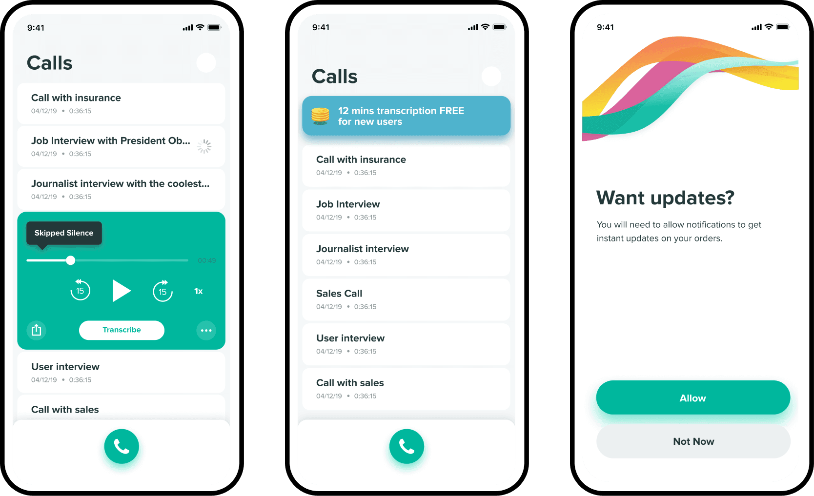 Rev Call Recorder home screen listing calls, recordings, and transcripts