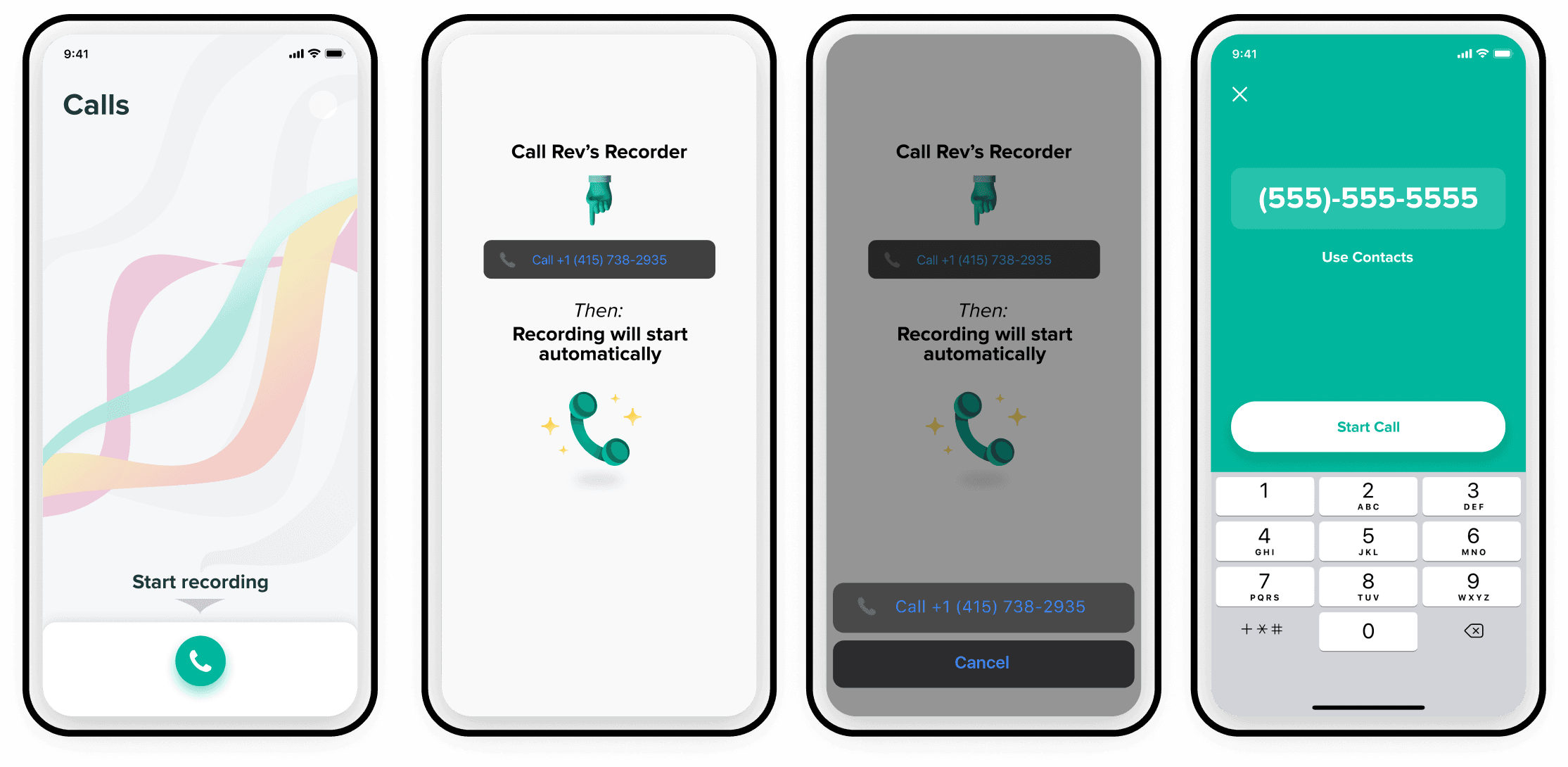 Call and record flow screens for placing and recording a phone call