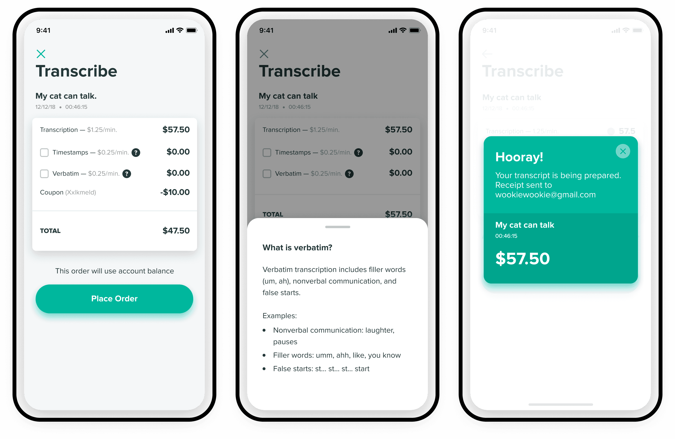 Checkout flow screens for ordering a transcript with a saved payment method