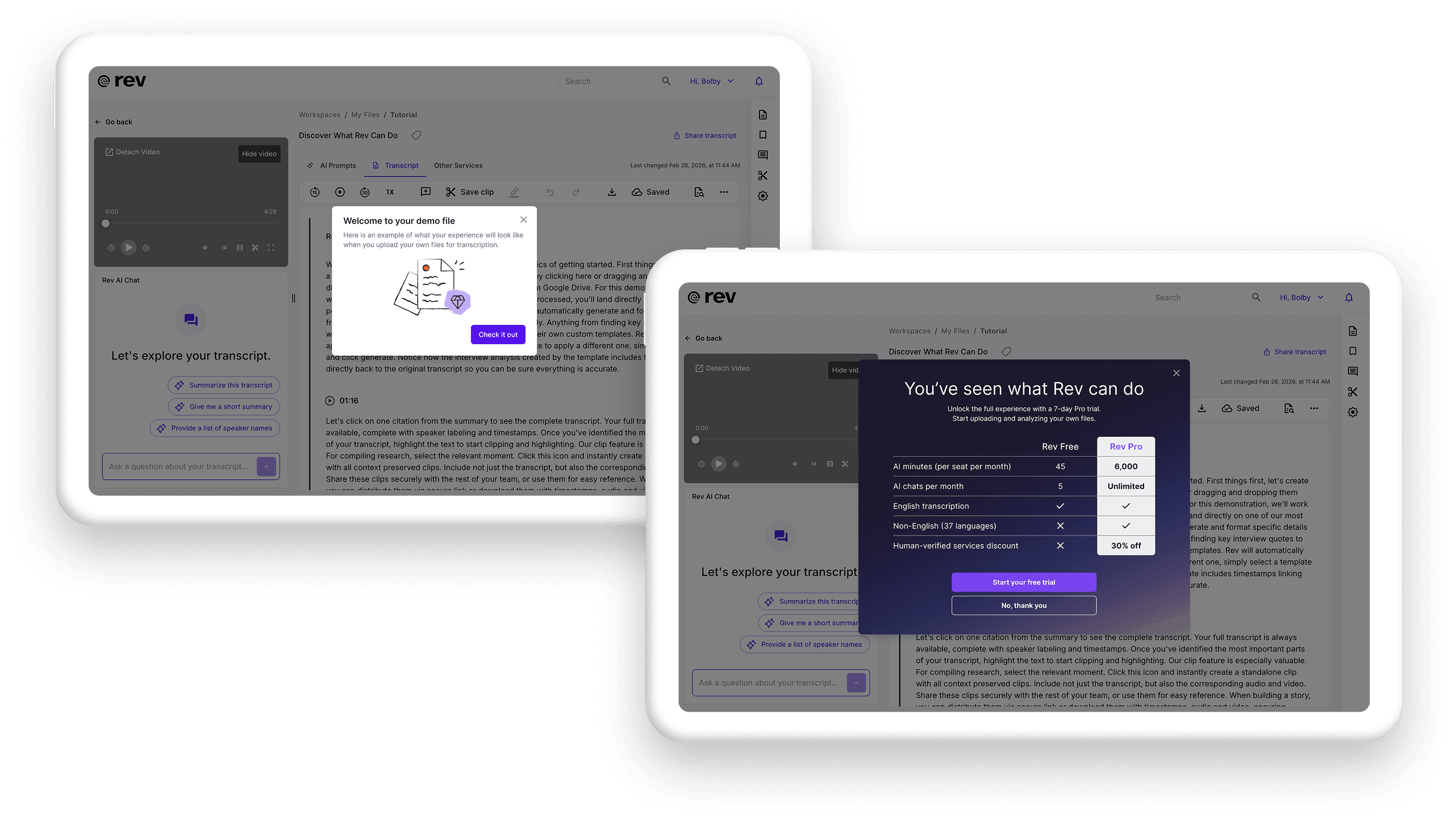 Rev demo experience and Pro upsell modal