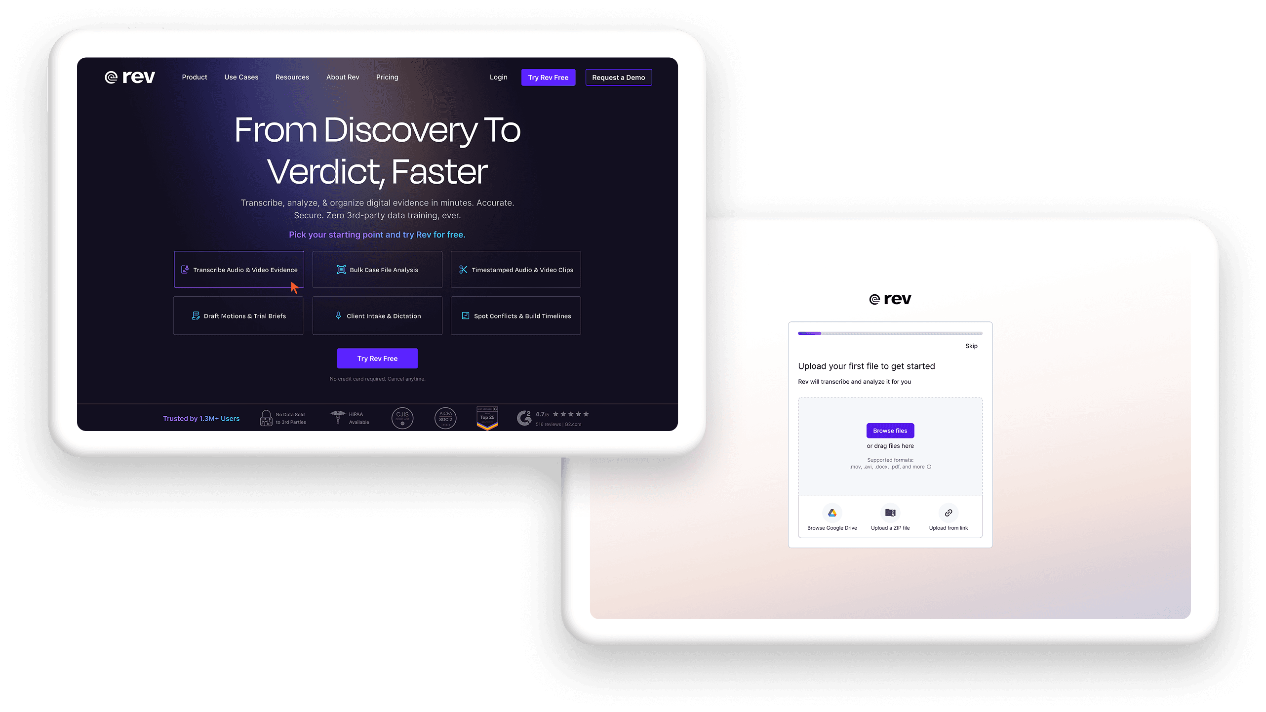 Rev FTUX onboarding and legal landing page screens