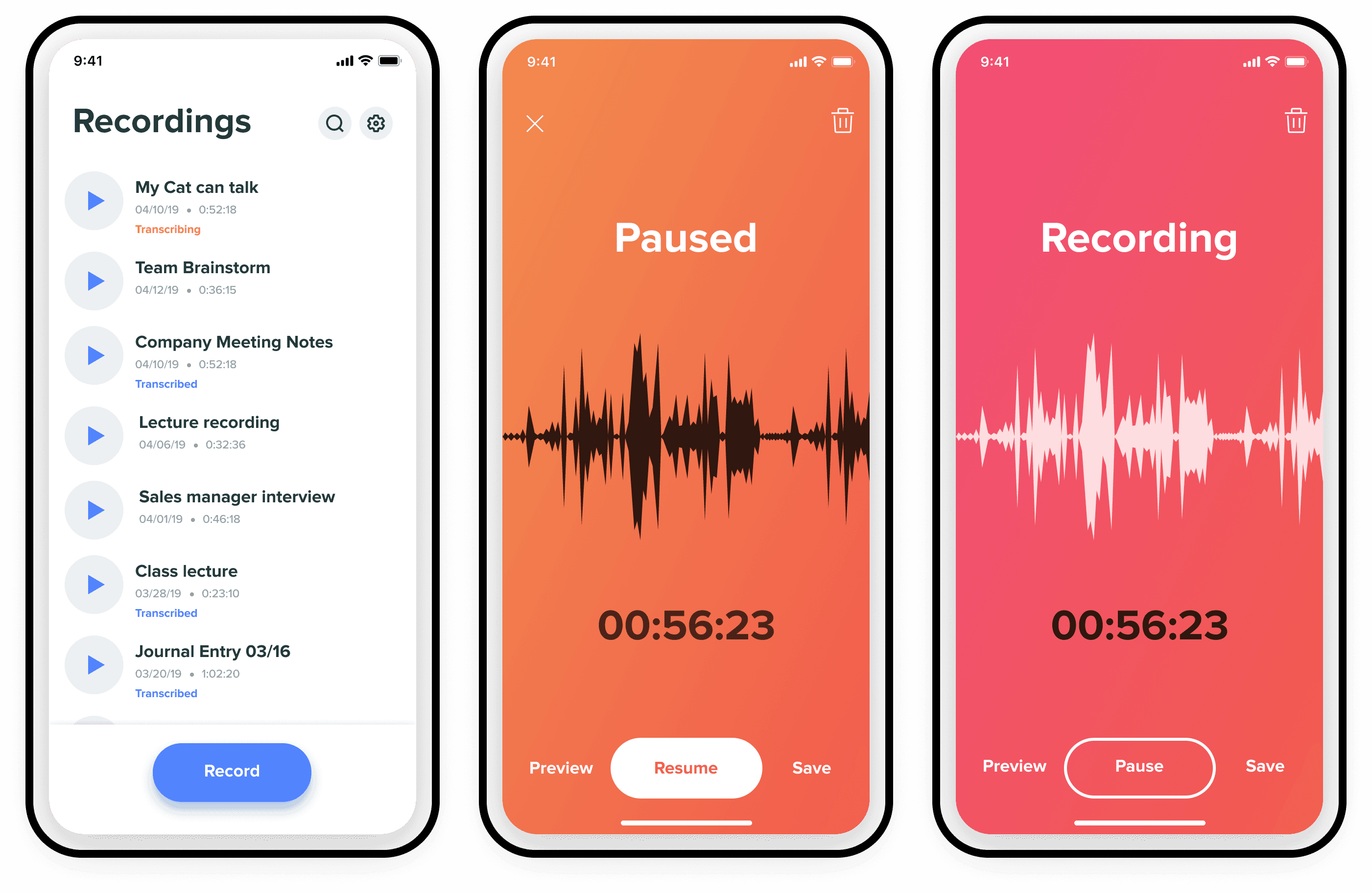 Recording screen states showing active recording and paused interruption treatment