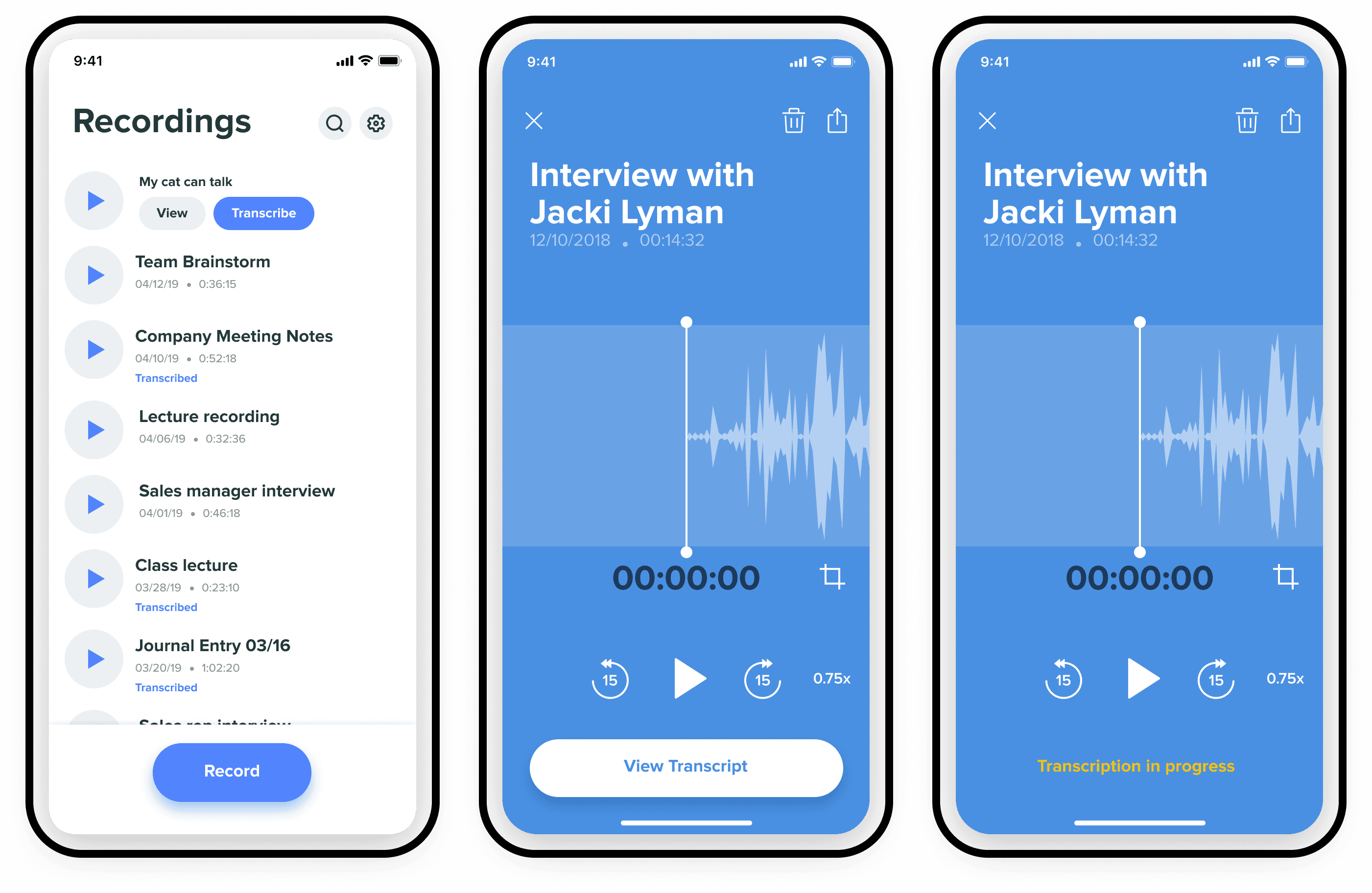 View recording screen with options to edit, trim, or append audio before transcribing